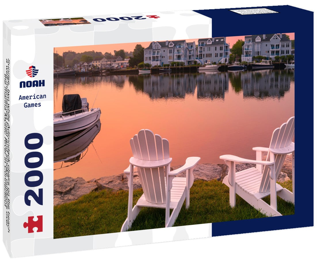 Sunrise, two white Adirondack chairs on the beach, a well-maintained boat and smoke outdoors over the marina Mystic River in Connecticut 2000pc Puzzle