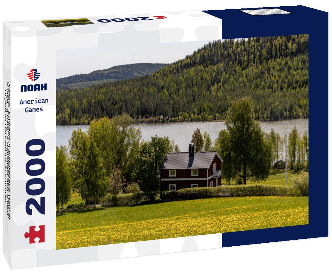 Norsjö, Sweden A picturesque view of a lake, a barn, a mountain and a field of yellow dandelions in summer 2000pc Puzzle