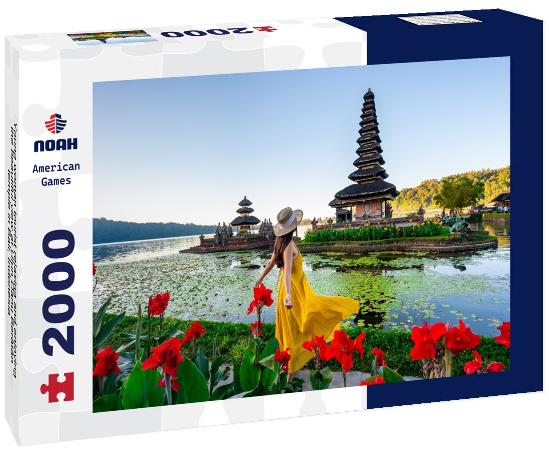 Young woman tourist relaxing and enjoying the beautiful view at Ulun Danu Beratan temple in Bali, Indonesia 2000pc Puzzle