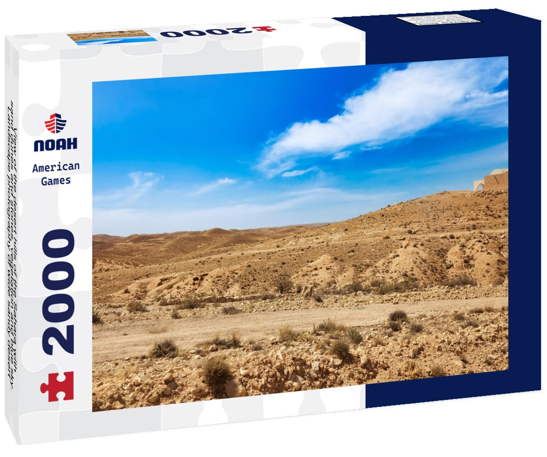 the desert hills of the Sahara with sand dunes and stones, vegetation and blue sky. Landscape photography of wide sandy desert sunny day, Sahara, Tozeur city, Tunisia 2000pc Puzzle