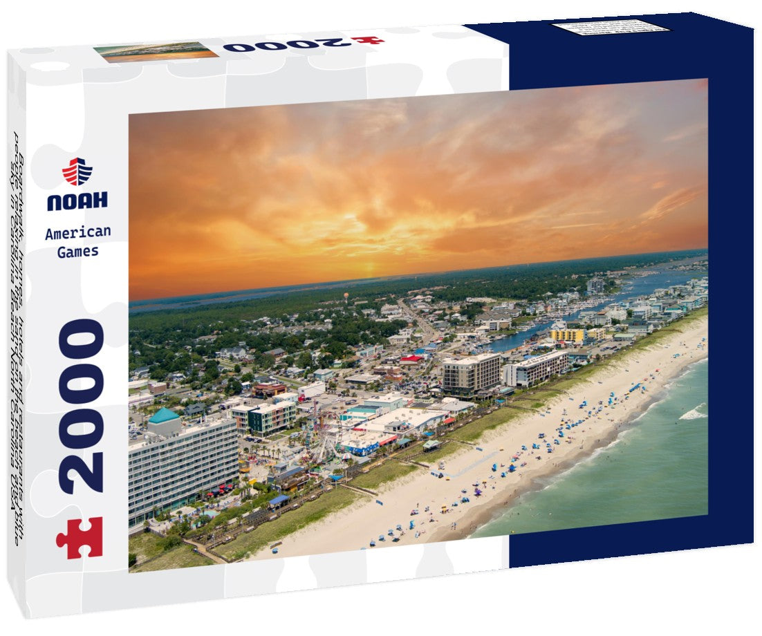 Noah Jigsaw Puzzle Boardwalk, homes, hotels and restaurants with people relaxing in the sand on the beach and blue sky in Carolina Beach North Carolina USA 2000 pieces