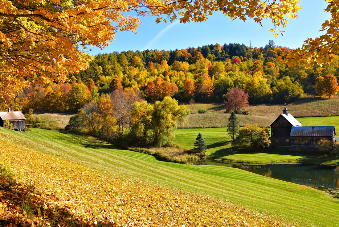 Autumn countryside with frame of colorful leaves and rustic wooden barns near Woodstock, Vermont, USA 2000pc Puzzle