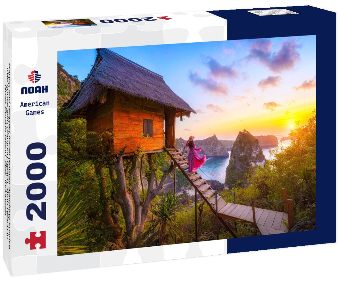 Happy and relaxed travel woman watching sunrise, tree house with diamond beach, Atuh beach in Nusa Penida island, Bali, Indonesia 2000pc Puzzle