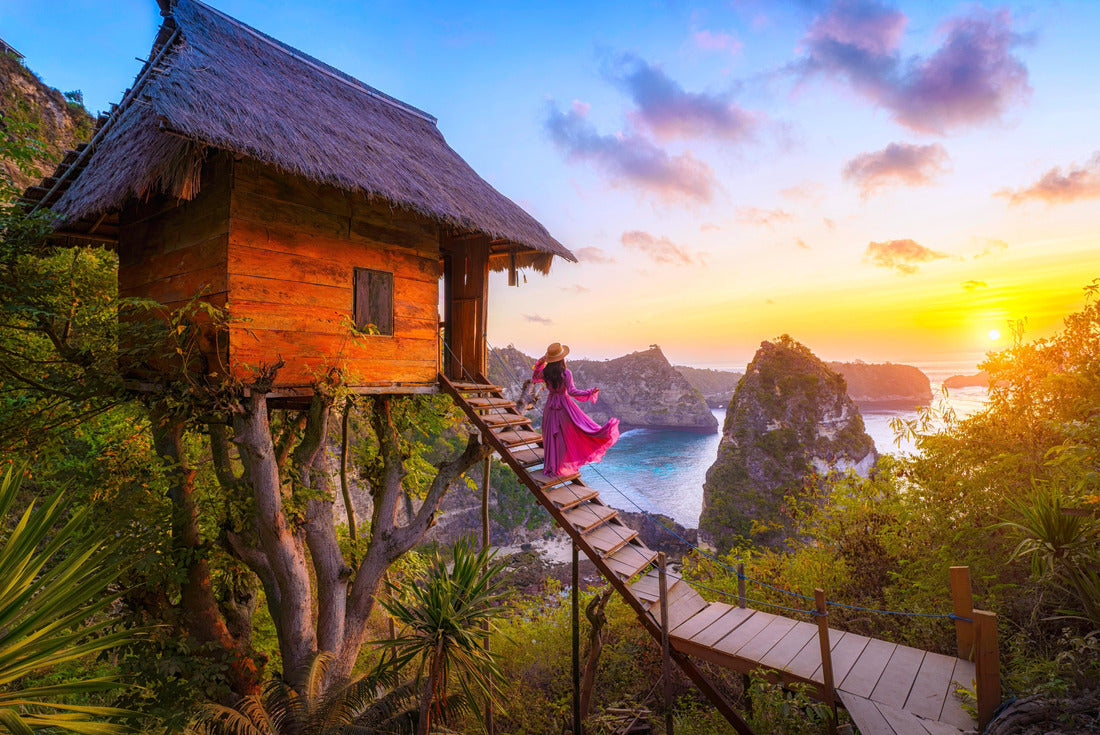Happy and relaxed travel woman watching sunrise, tree house with diamond beach, Atuh beach in Nusa Penida island, Bali, Indonesia 2000pc Puzzle