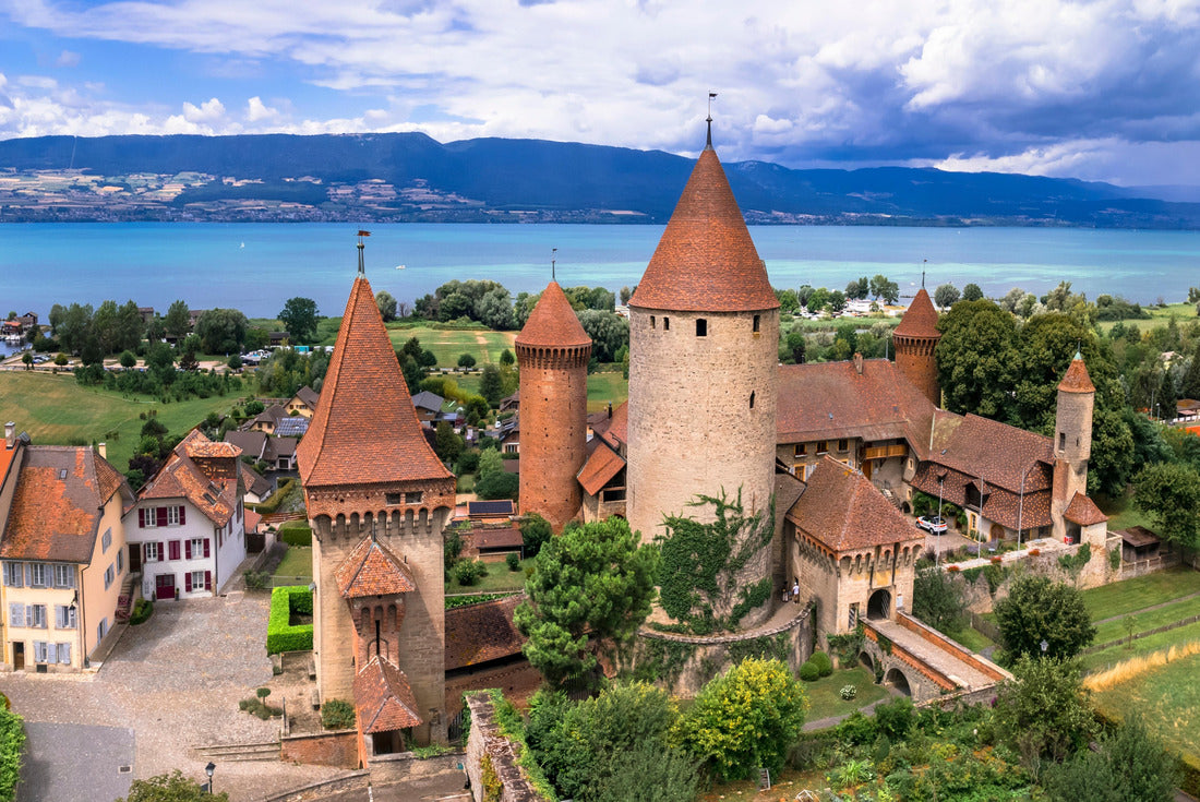 Noah Jigsaw Puzzle Switzerland scenic places. Estavayer-le-lac - charming traditional village, Neuchatel lake. Air dry video of medieval castle. Canton of Fribourg 2000 pieces