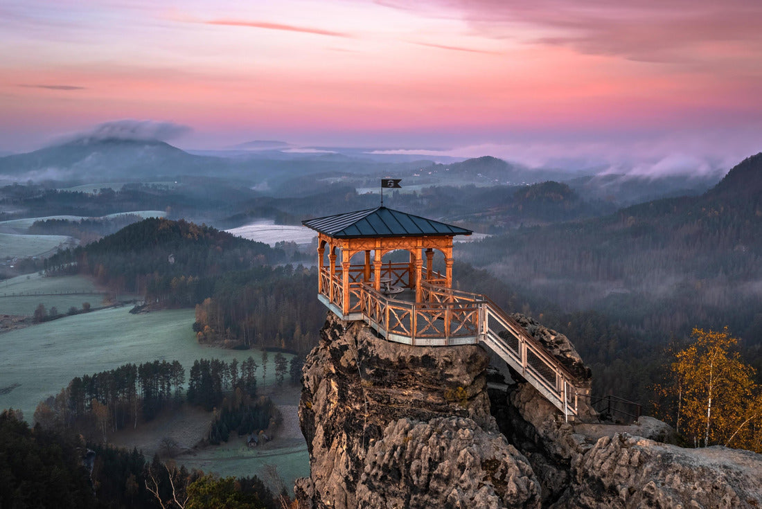 Jetrichovice, Czech Republic - Aerial view of Mariina Vyhlidka (Mary's view) lookout with foggy Czech autumn landscape and colorful pink sunrise sky in Bohemian Switzerland National Park 2000pc Puzzle