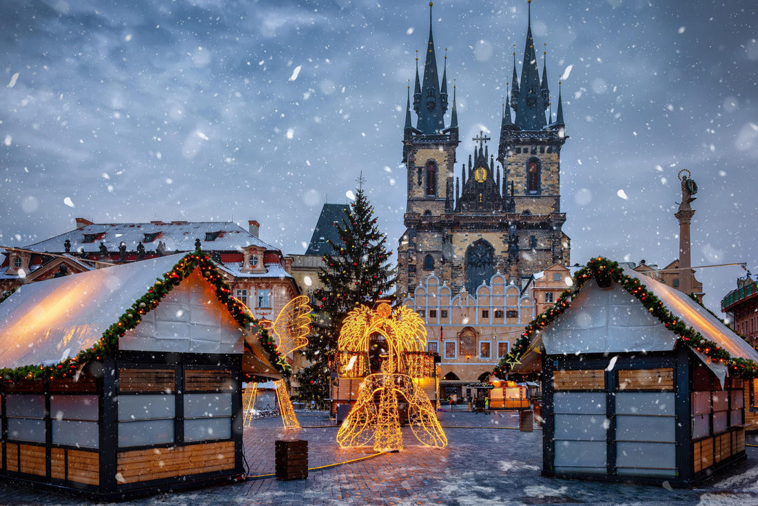 Beautiful winter view of the old town square of Prague, Czech Republic, with a christmas market and the famous Tyn Church with snow 2000pc Puzzle