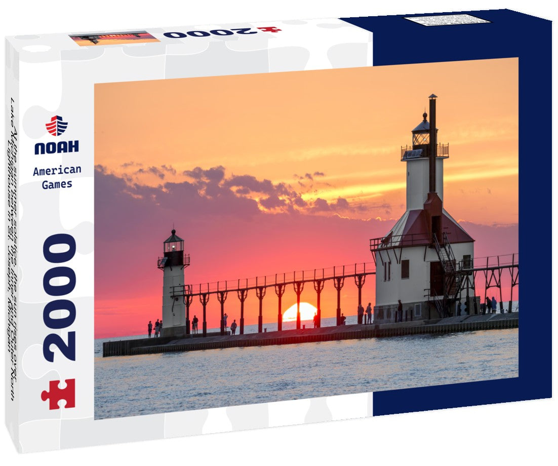 At the summer solstice, the sun rises over Lake Michigan between the Inner and Outer North Lighthouse in St. Joseph, Michigan 2000pc Puzzle