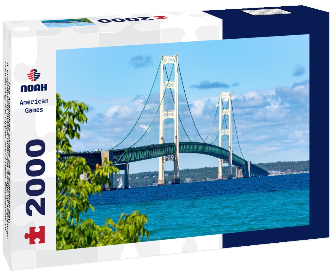 The Mackinac Bridge on a summer day. A suspension bridge over the Straits of Mackinac connecting the Upper and Lower Peninsulas of Michigan. Puff clouds in the blue sky 2000pc Puzzle