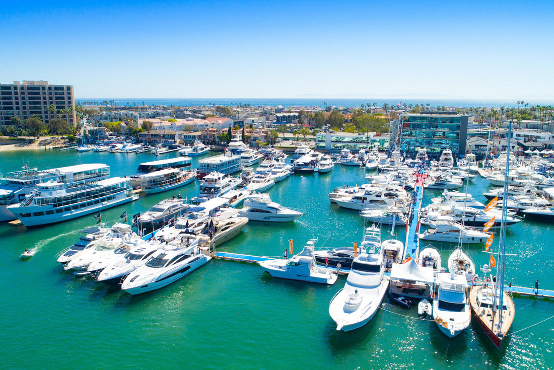 Cinematic aerial view over the Newport Beach harbor during the annual boat show with luxury yachts, boats and Duffy boats on a sunny blue sky day 2000pc Puzzle