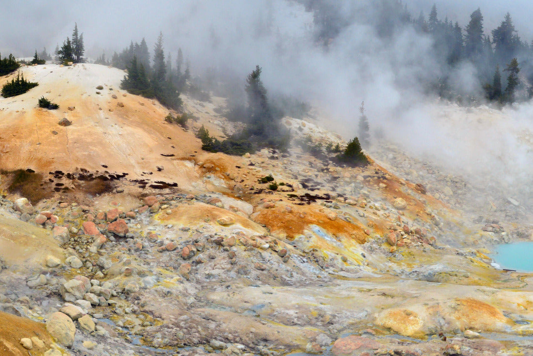 Geothermal area producing steam on colorful slopes. Bumpass hell area in Lassen volcanic national park in Californa, USA in fall. Turquoise lakes in the fog with cloudy sky 2000pc Puzzle