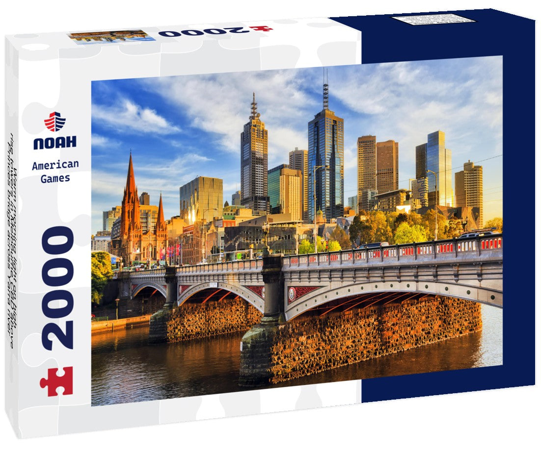 Warm morning light on high-rise towers in Melbourne CBD above Princes bridge across Yarra river 2000pc Puzzle