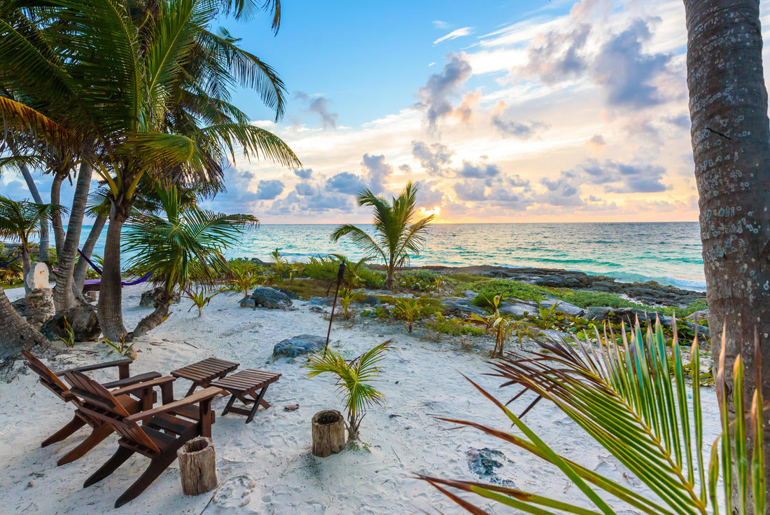 Sunset at Paradise Beach - chairs under the palm trees on the beach at the Tropical Resort. Riviera Maya - Caribbean coast in Tulum in Quintana Roo, Mexico 2000pc Puzzle