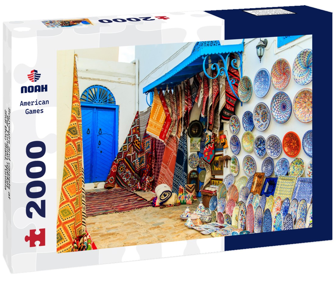 Souvenirs and carpets at the Tunisian market, Sidi Bou Said, Tunisia 2000pc Puzzle