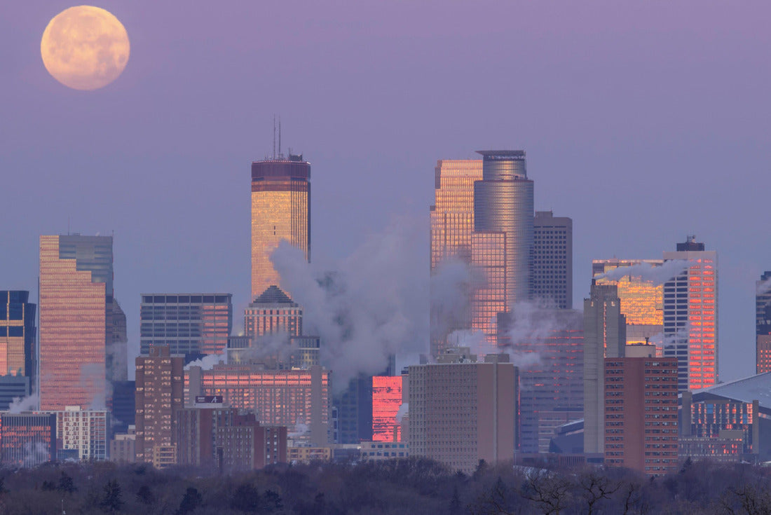 Noah Jigsaw Puzzle Skyline of Minneapolis Reflecting the Sunrise as the Full Moon Sets Behind the City during the Morning Twilight 2000 pieces