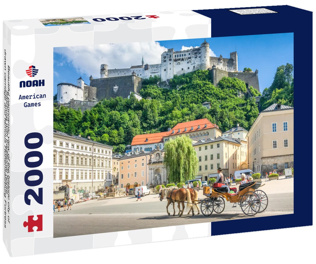 Beautiful the historic city of Salzburg with traditional horse-drawn carriage and famous Hohensalzburg Fortress on a hill on a sunny day with blue sky and clouds in summer 2000pc Puzzle