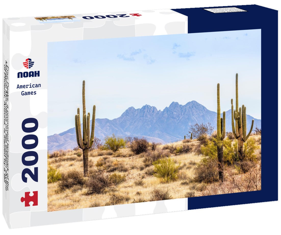 Four Peaks, a prominent landmark of the Mazatzal Mountains on the eastern skyline of Phoenix, Arizona, is framed by a tall saguaro cacti in the desert 2000pc Puzzle