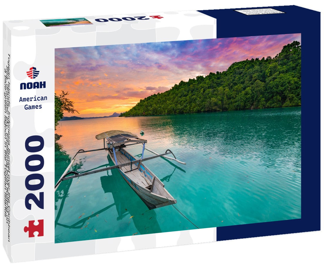 Togean Islands, Indonesia Sunset over the Caribbean Sea, dramatic sky, traditional boat floating on a blue-green lagoon in the Togean Islands, Sulawesi, travel destination in Indonesia 2000pc Puzzle