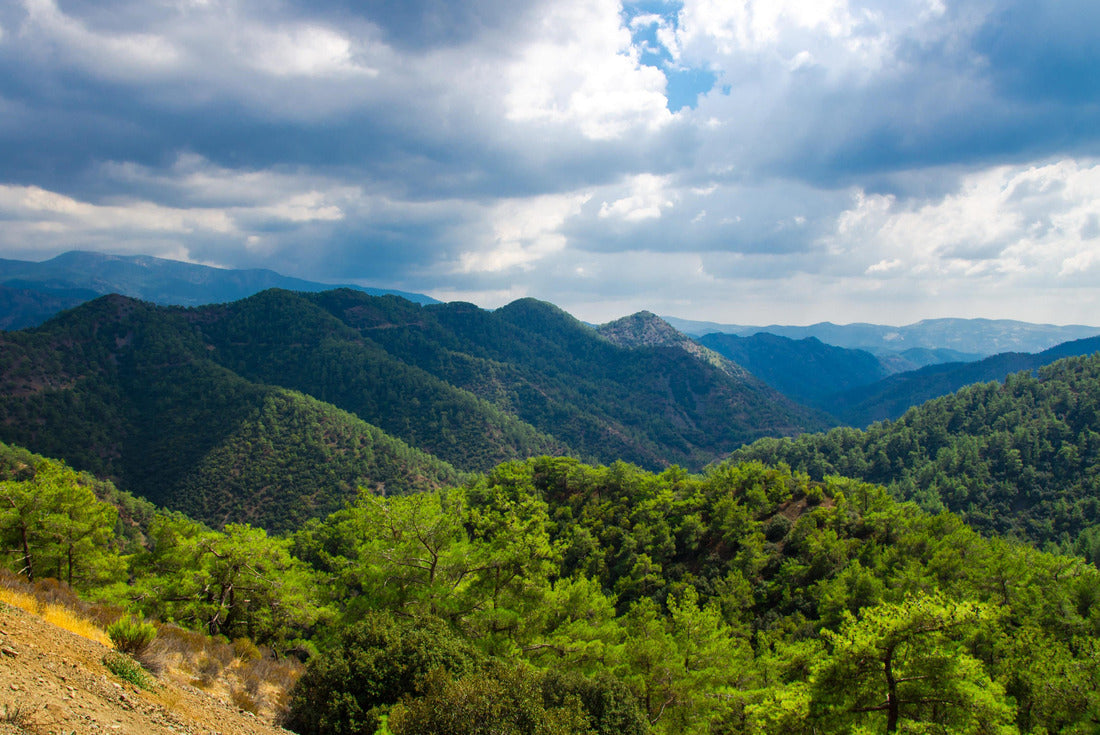 top view from Kykkos monastery area of Troodos mountains range with green hills and pine forests in front of cloudy sky, Cyprus 2000pc Puzzle