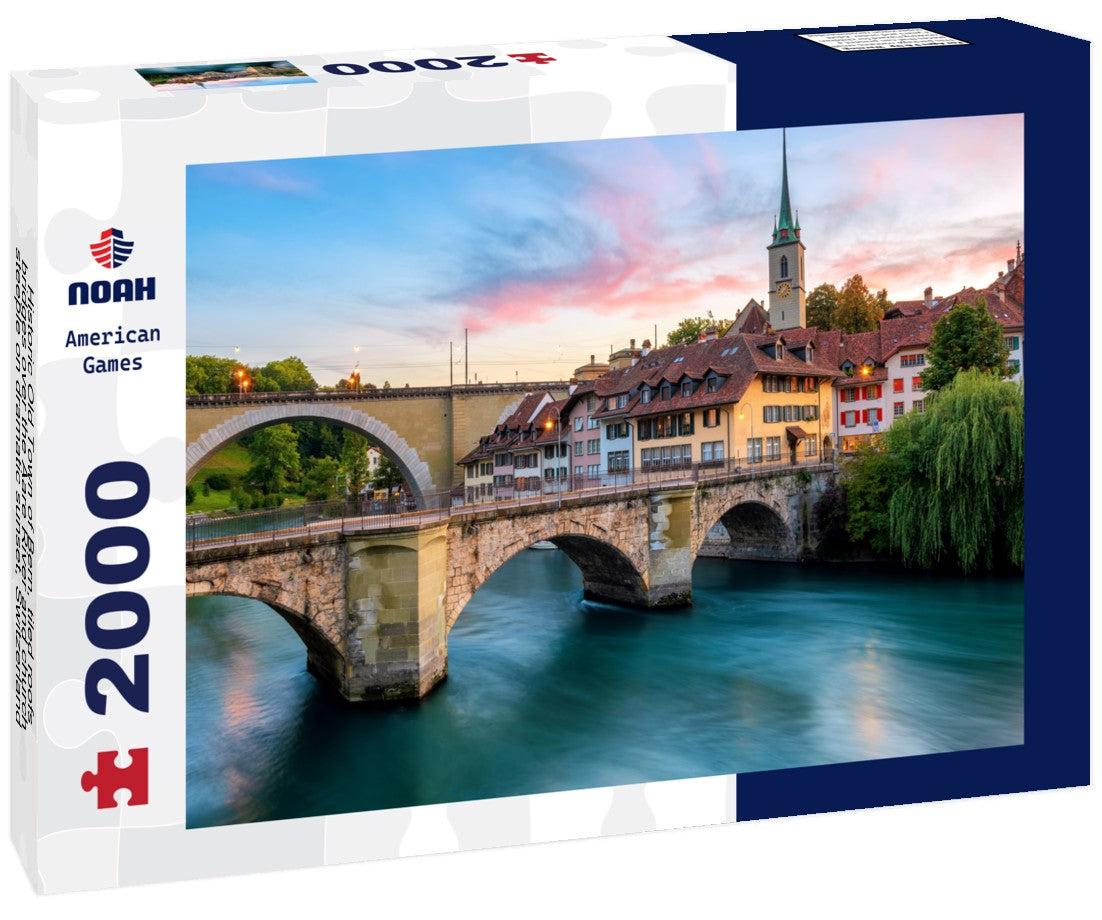 Historic Old Town of Bern, tiled roofs, bridges over the Aare River and church steeple on dramatic sunset, Switzerland 2000pc Puzzle