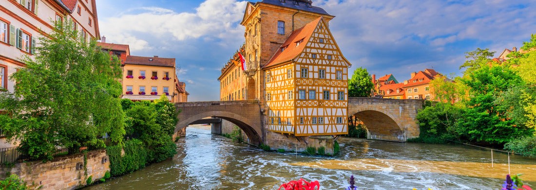 Noah Jigsaw Puzzle Bamberg, Germany. Town Hall of Bamberg (Old Town Hall) with two bridges over the Regnitz river. Upper Franconia, Bavaria panorama 1000 pieces