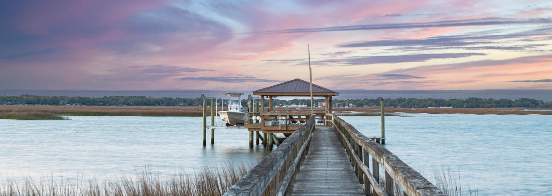 Noah Jigsaw Puzzle Dockside view of boathouse walking on dock with pink sky in Beaufort, South Carolina panorama 1000 pieces