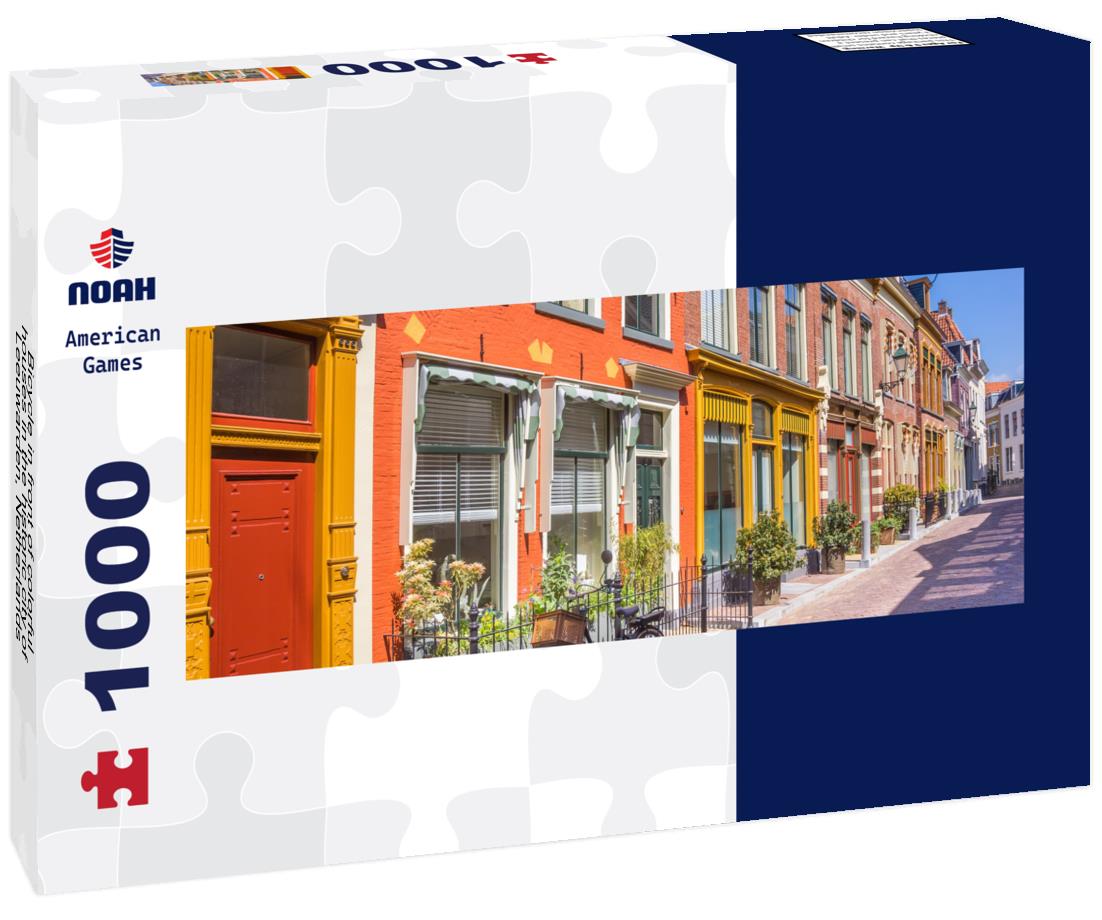 Noah Jigsaw Puzzle Bicycle in front of colorful houses in the historic city of Leeuwarden, Netherlands panorama 1000 pieces