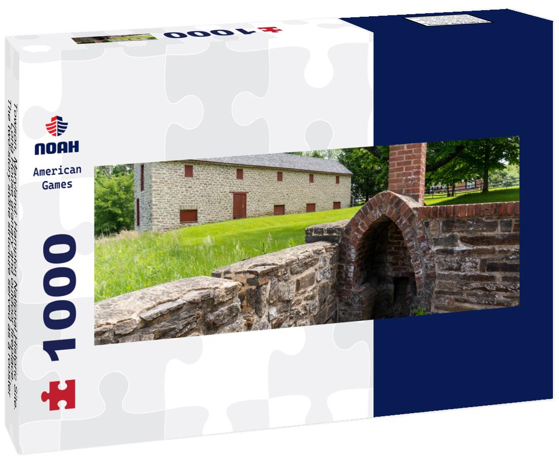 Towson, Maryland: Hampton National Historic Site. Long House granary and outdoor fireplace. The two-story stone structure served as a rooster hut and granary during historic times. 1000pc Panoramic Puzzle