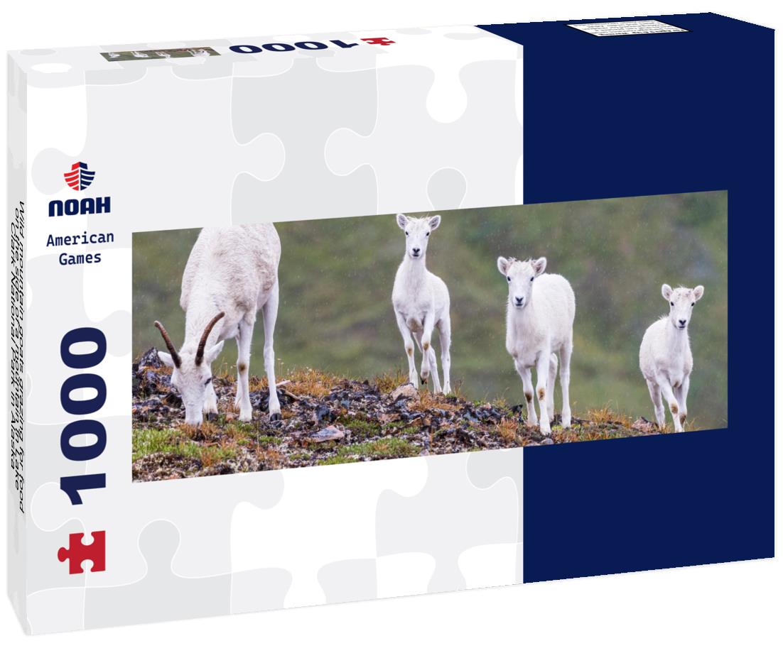 Wild mountain goats grazing for food on the side of a mountain in Lake Clark National Park in Alaska 1000pc Panoramic Puzzle