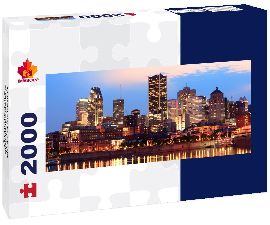 Montreal over the river at sunset with city lights and buildings 2000pc Panoramic Puzzle