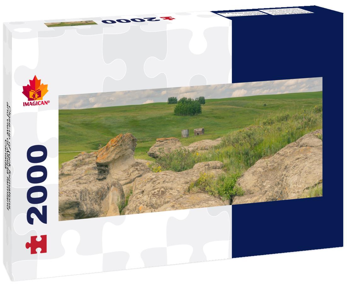 close-up of rock formations and view of Alberta farmlands, Canada 2000pc Panoramic Puzzle