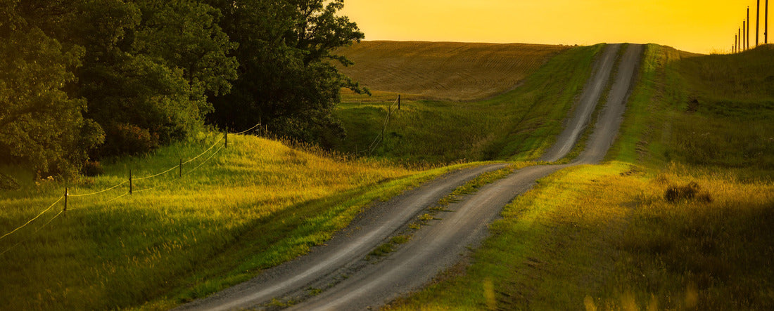 A beautiful shot of tire tracks on rural prairies under a sunset in Manitoba 2000pc Panoramic Puzzle