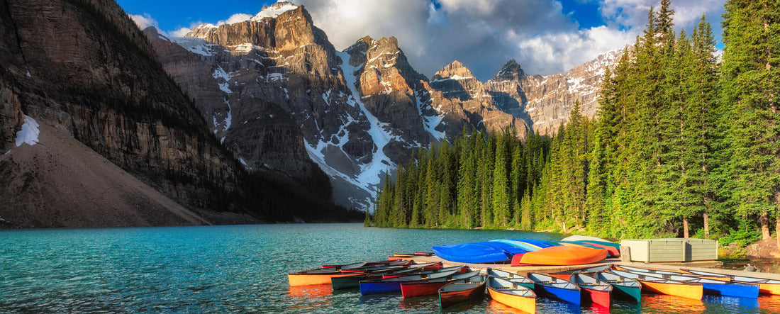 Canoes on Moraine Lake, Banff National Park in the Rocky Mountains, Alberta 2000pc Panoramic Puzzle