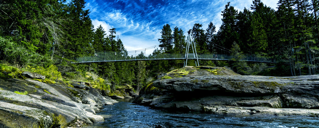 Top of the suspension bridge on English River on a beautiful day, Parksville 2000pc Panoramic Puzzle
