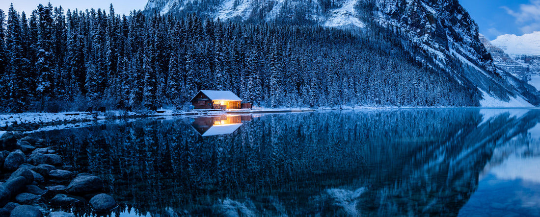 Boat house on a crystal clear winter morning on Lake Louise, Alberta 2000pc Panoramic Puzzle