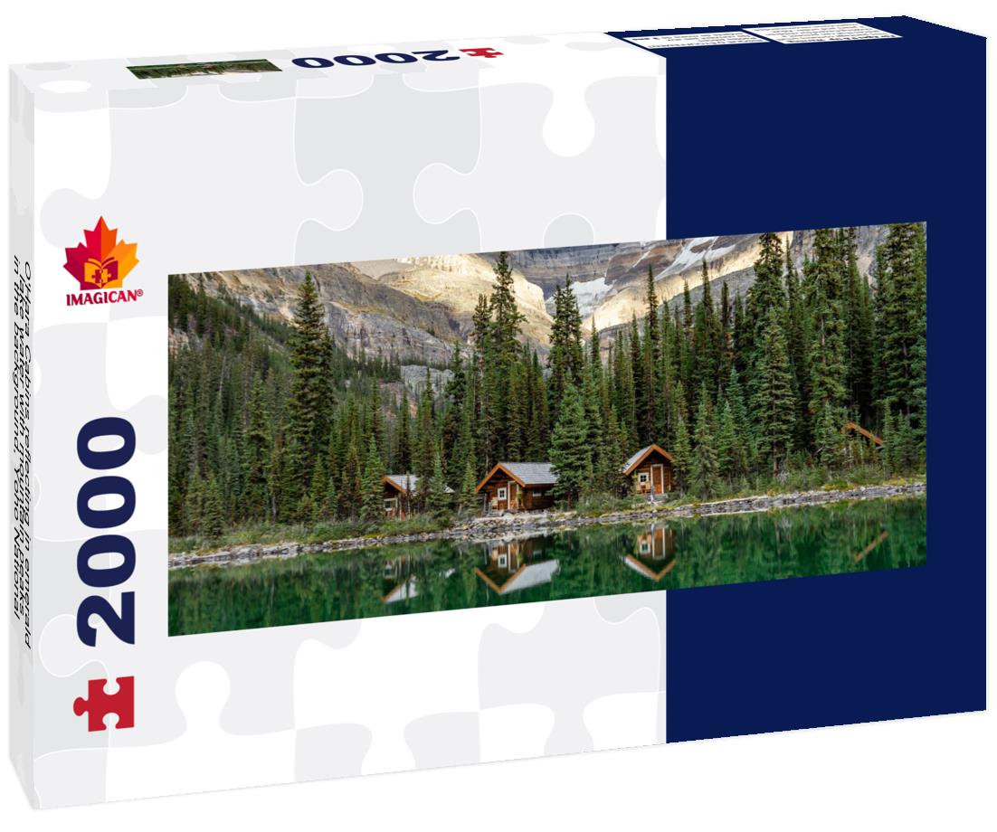 O'Hara Cabins reflecting in emerald lake water, Yoho National Park 2000pc Panoramic Puzzle