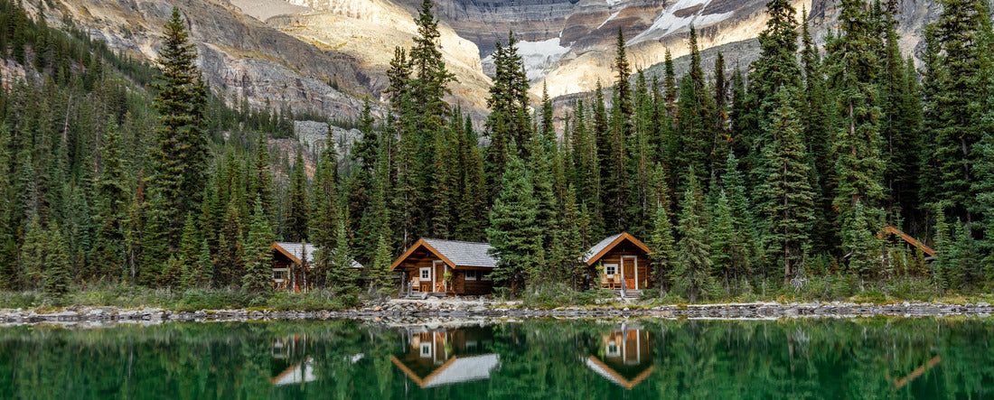 O'Hara Cabins reflecting in emerald lake water, Yoho National Park 2000pc Panoramic Puzzle