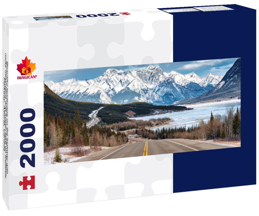 Highway with rocky mountains and frozen lake on Icefields Parkway, Alberta 2000pc Panoramic Puzzle