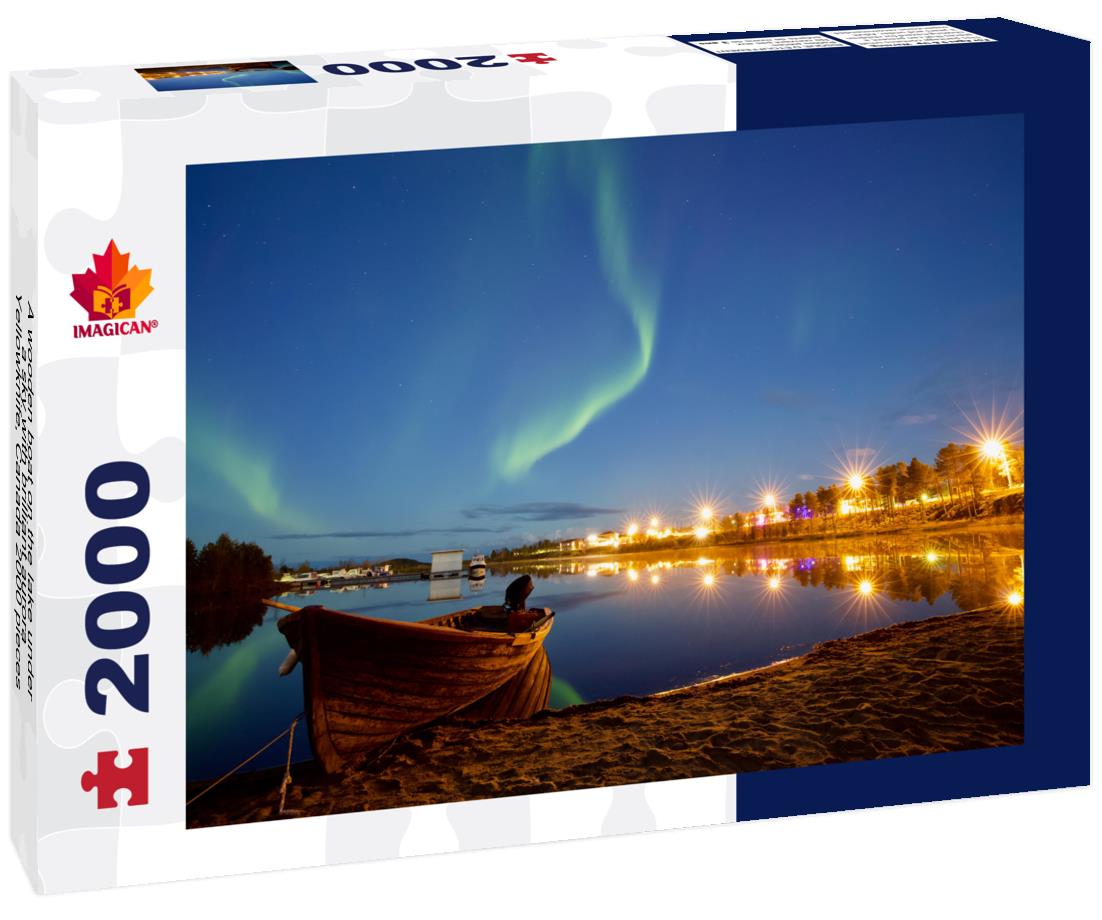 A wooden boat on the lake under a sky with brilliant aurora, Yellowknife, Canada 2000pc Puzzle