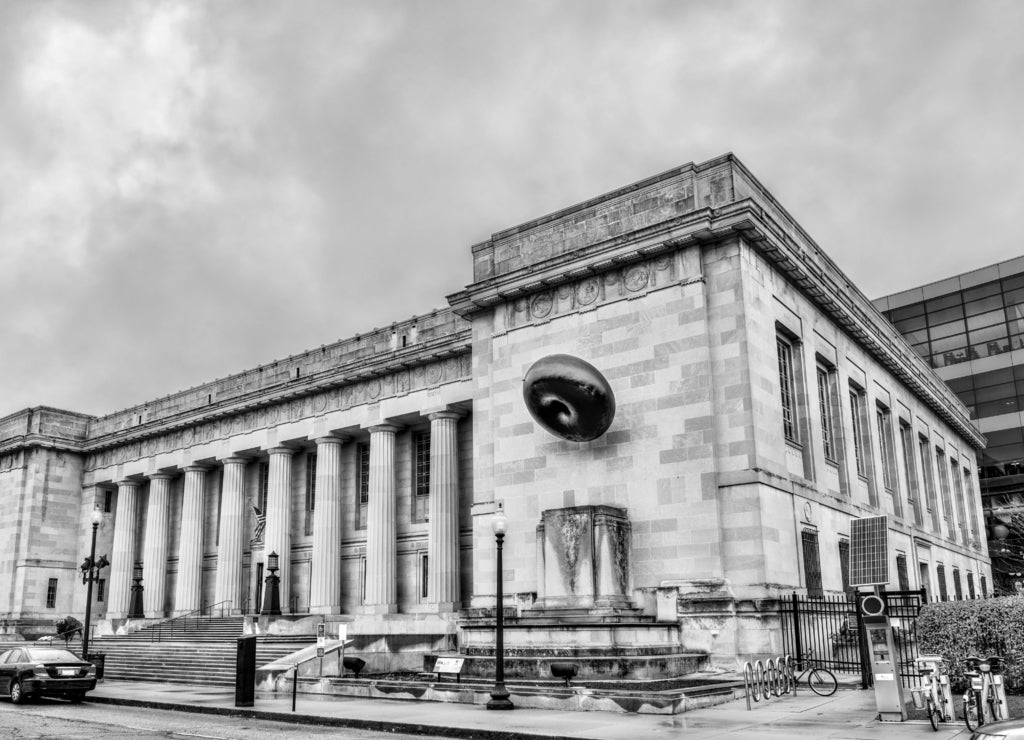 The Public Library in Indianapolis, Indiana in black white
