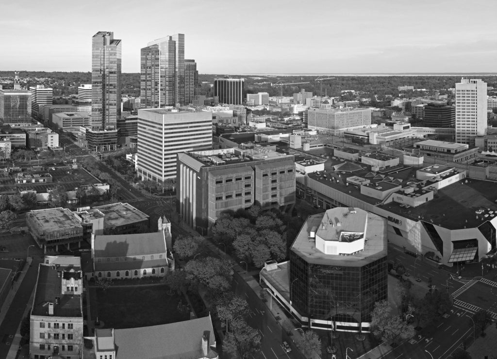 Aerial landscape of White Plains, New York in black white