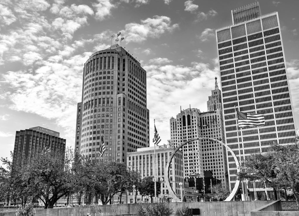 Downtown Detroit skyline from Hart Plaza, Michigan in black white