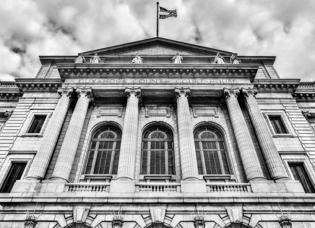 Cuyahoga County Courthouse in Cleveland, Ohio in black white