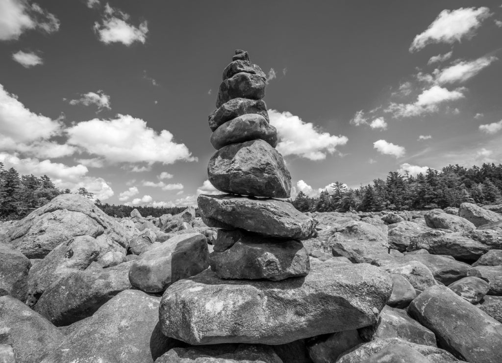 Cairn at the boulder field in Hickory Run State Park, Pennsylvania in black white