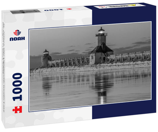 St. Joseph Pier Lighthouse, winter, Lake Michigan in black white