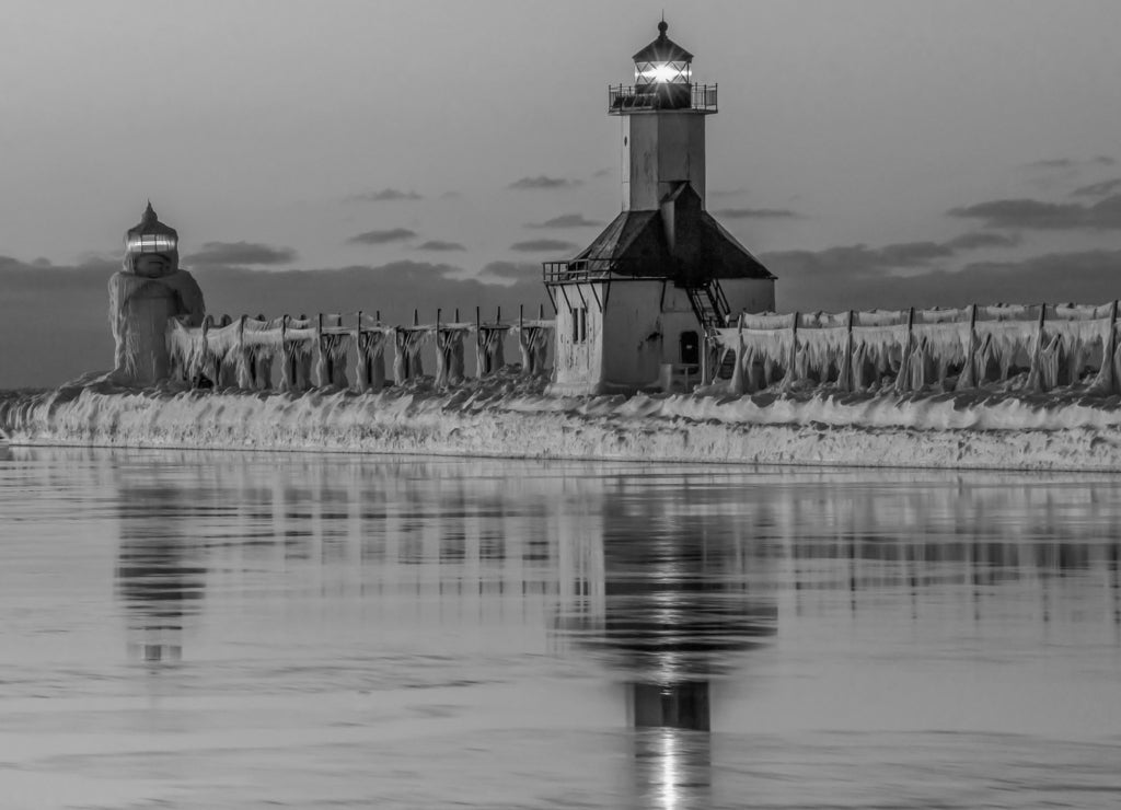 St. Joseph Pier Lighthouse, winter, Lake Michigan in black white