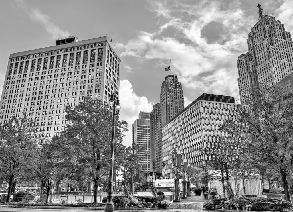 Historic buildings in Downtown Detroit - Michigan, United States in black white