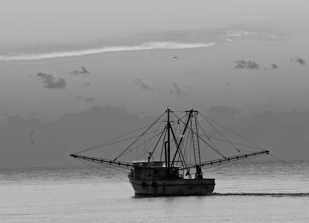 A shrimp boat off St Simons Island, Georgia at sunset in black white