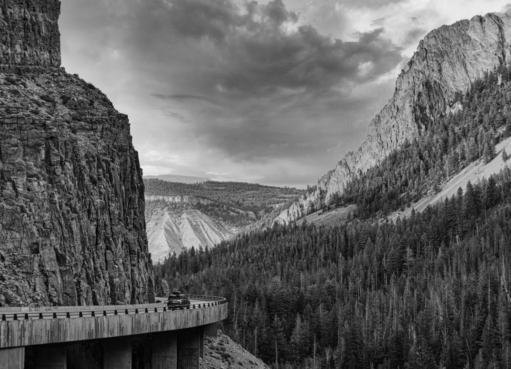 Golden Gate Canyon is in the northwestern region of Yellowstone National Park in the U.S. state of Wyoming. Glen Creek flows north through the canyon en route to the Gardner River descending from 7,4 in black white