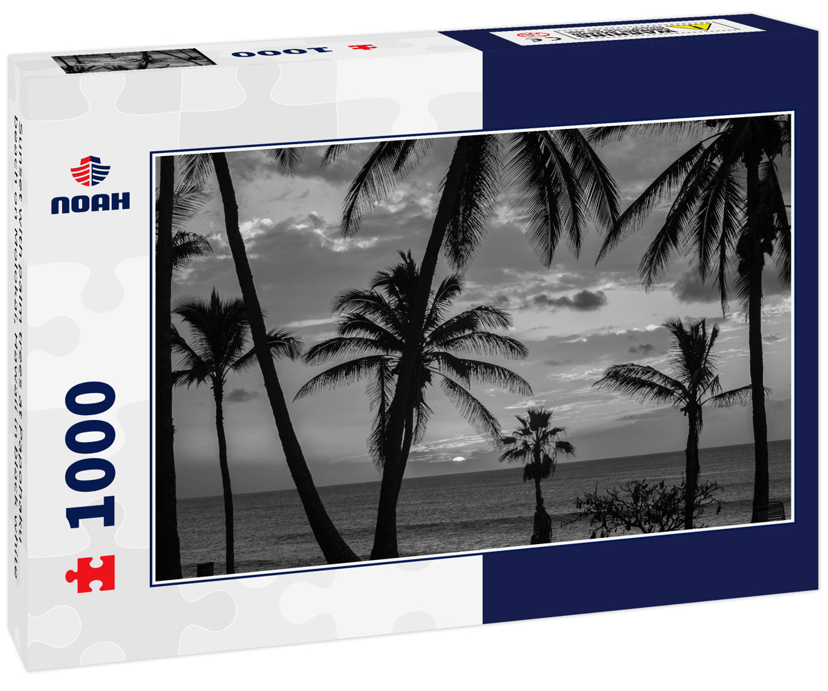 Sunset with palm trees at Papohaku beach on Molokai, Hawaii in black white